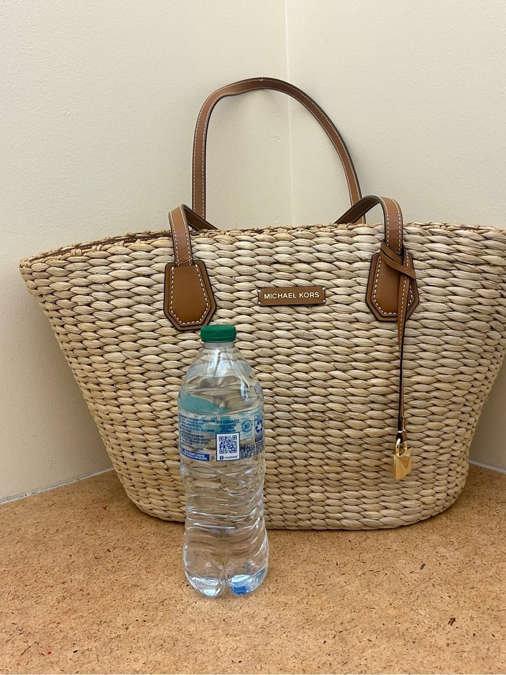 Michael Kors Natural Woven Tote with Brown Leather Trim & Gold Hardware - Picture 2 of 16